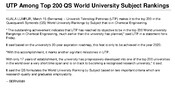 BERNAMA - UTP Among Top 200 QS World University Subject Rankings